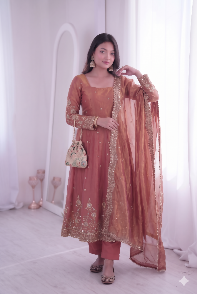 Teeya Creation Womens New Latest Trendy Elegant Peach Embroidered Anarkali Suit Set with Scalloped Dupatta - Dista