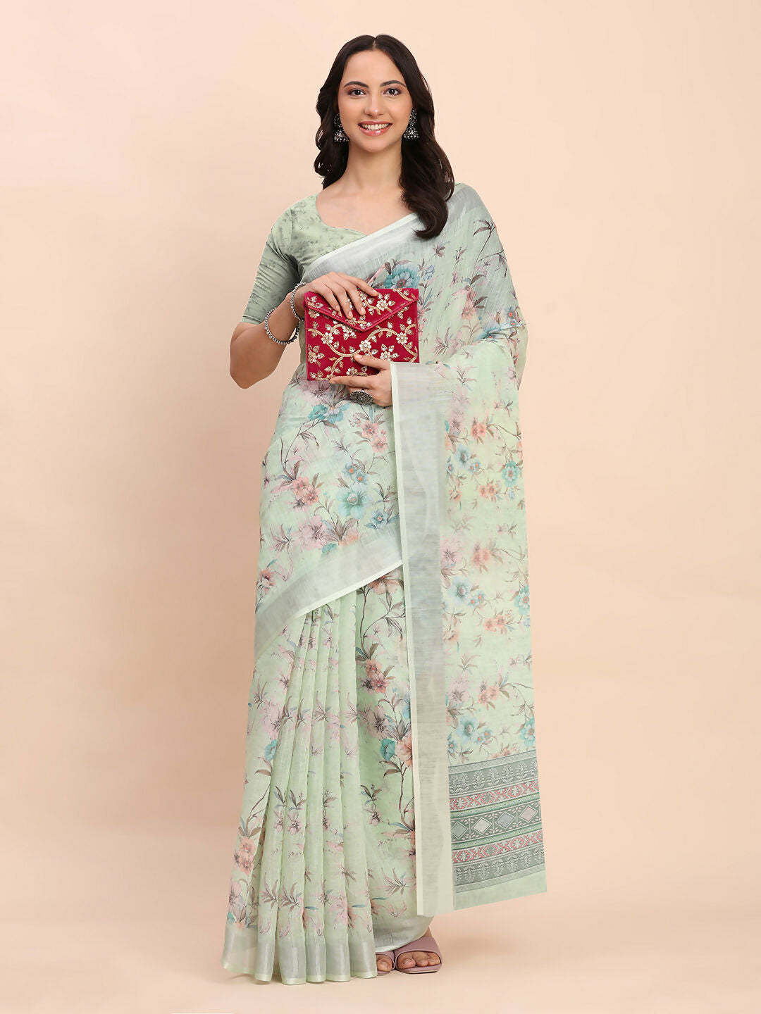 Astita Linen Cotton Light Green Saree