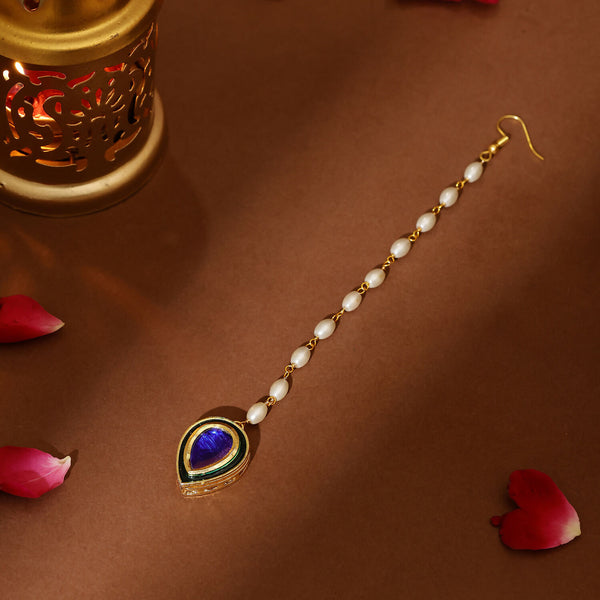 Ruby Raang Blue and Green Meenakari Kundan Maang Tikka