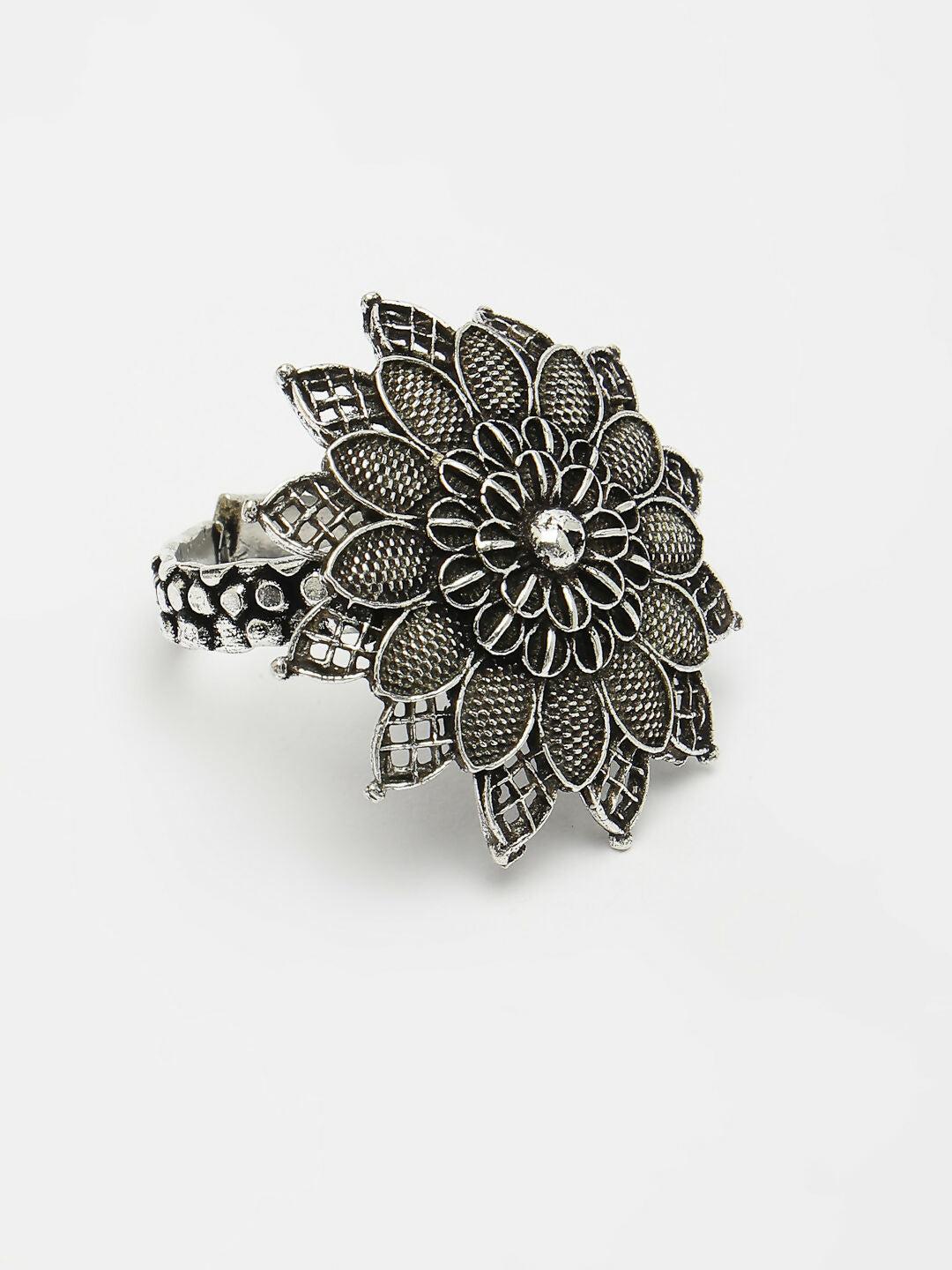 NVR Women's Silver-Toned Floral Shape Adjustable Finger Ring - Distacart