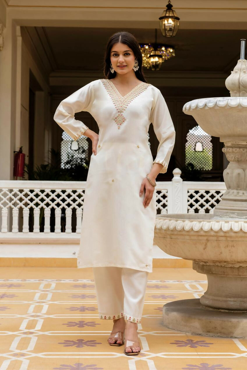 The52 White Women's Beautiful Viscose Chanderi Fabric Embroidered Work Straight Kurta Pant and Dupatta Set - Distacart