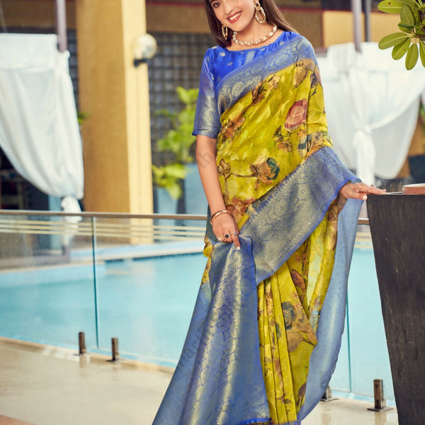 Exclusive Collection Wedding Green Blue Collection Banarasi Silk Saree With Rich Pallu