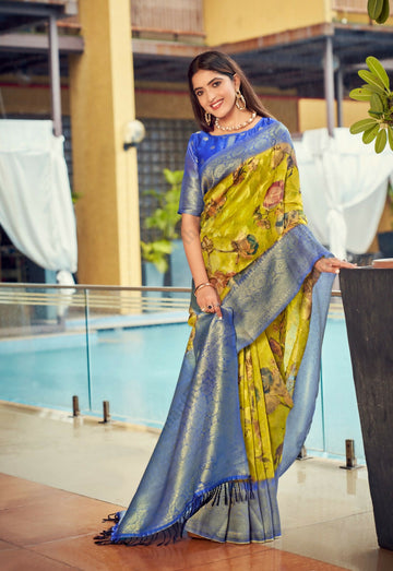 Exclusive Collection Wedding Green Blue Collection Banarasi Silk Saree With Rich Pallu - Dista