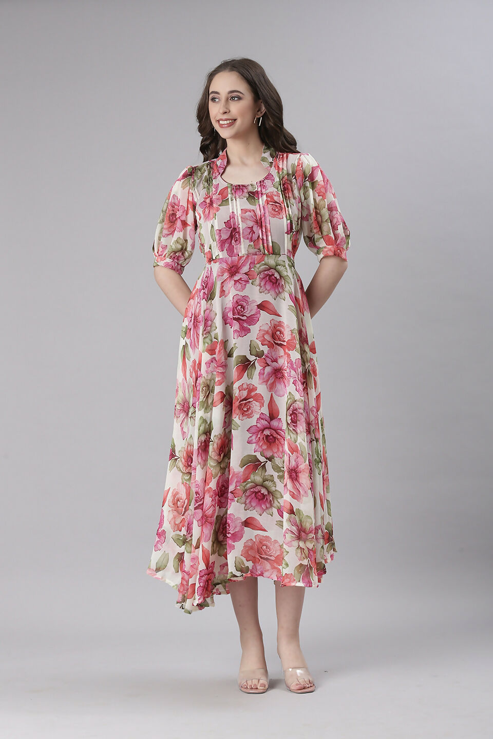 Souchii Cream Floral Chiffon Dress - Dista