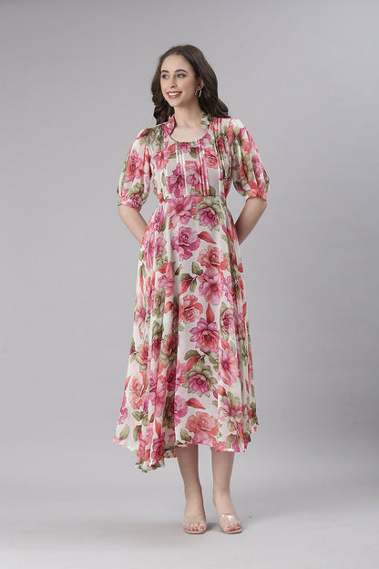 Souchii Cream Floral Chiffon Dress - Dista