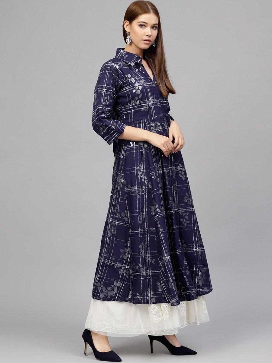 Ahalyaa Women's Navy Blue Cotton Printed Kurta