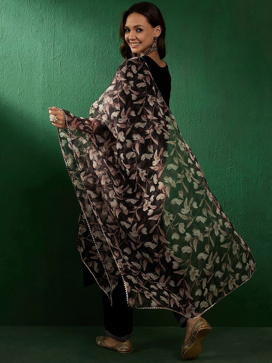 Sangria Ethnic Motifs Yoke Design Sequinned V-Neck Straight Kurta With Trouser & Dupatta