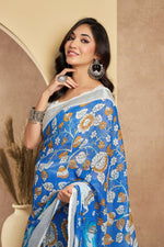 Thumbnail for Vastranavya Blue Digital Printed Linen Ready To Wear Designer Saree with Unstitched Blouse - Distacart