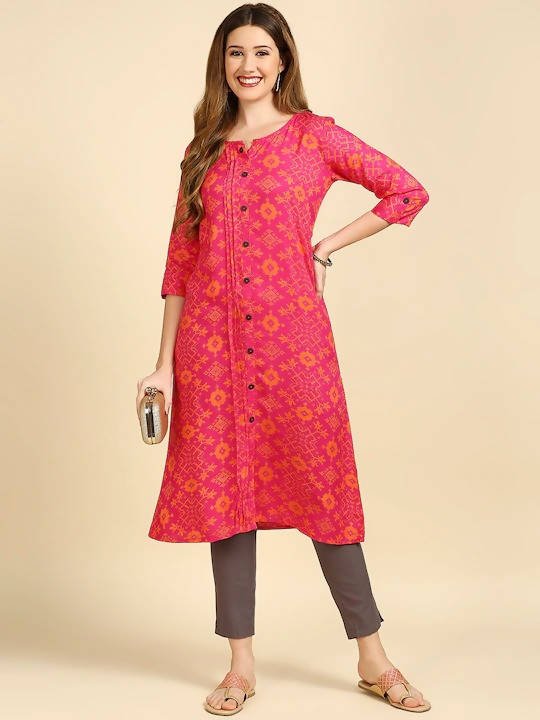 Anubhutee Pink & Orange Screen Print A-Line Kurta - Distacart