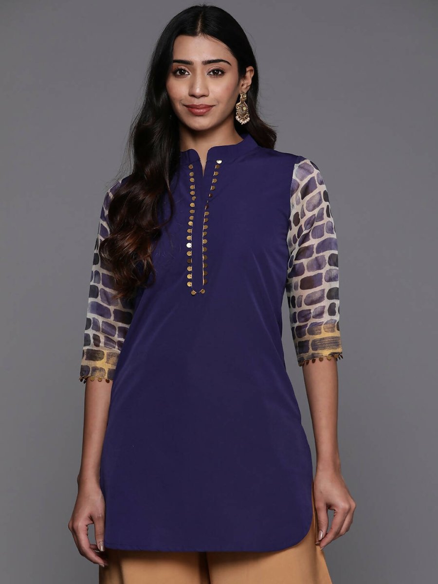 Ahalyaa Blue & Gold-Toned Mandarin Collar Printed Tunic - Blue Color - Distacart