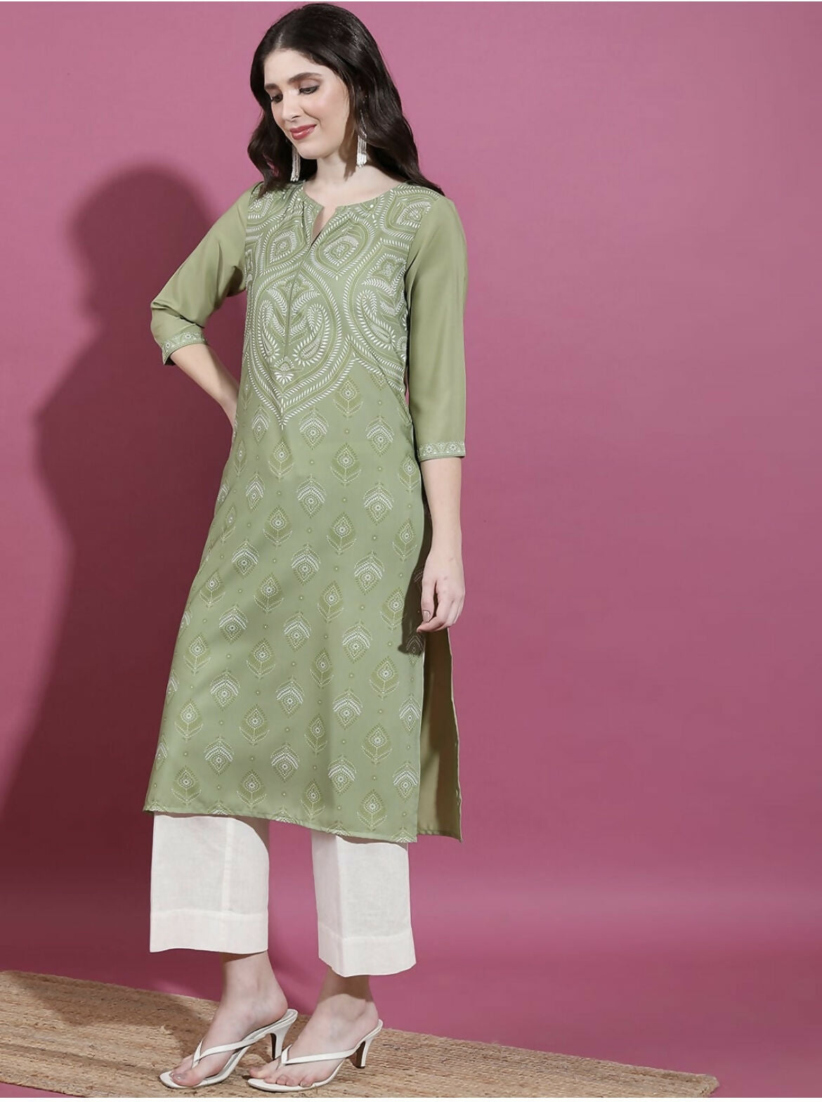 Cheera Women Stylish Hand Block Printed Cotton Blend Flared Kurta - Olive Green - Distacart
