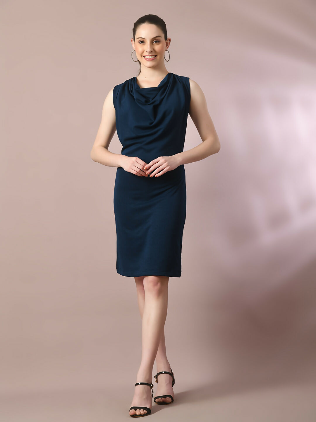 Myshka Women's Navy Blue Solid Cowl Neck Bodycon Party Dress - Distacart