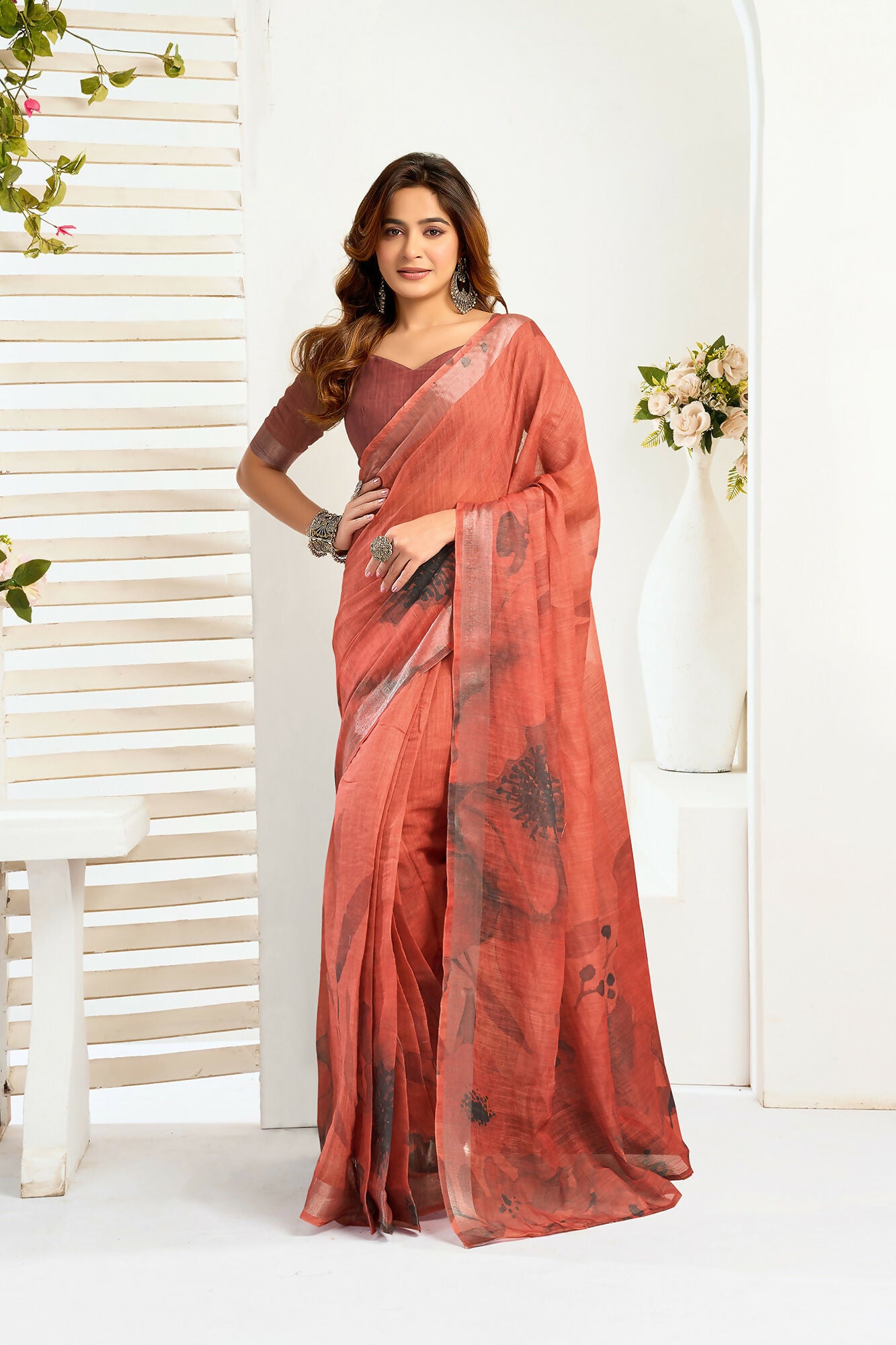 Vastranavya Brown Digital Printed Linen Ready To Wear Designer Saree with Unstitched Blouse - Distacart