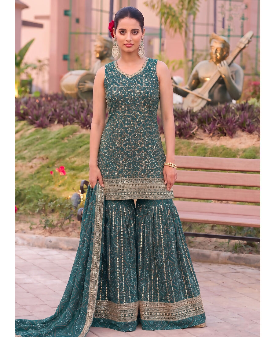 KC Teal Bandhani Printed Heavy Emrboidery Worked Sharara Suit Ethnic Wear - Dista