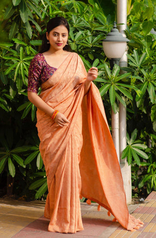 Orange Jute Silk Woven Design Saree with Unstitched Blouse - A2M - Distacart