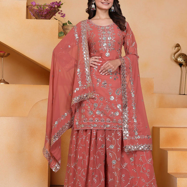 Lehenga Mart Designer Sharara Suit With Kurta, Sharara, Dupatta For Women-Rust Orange - Distacart