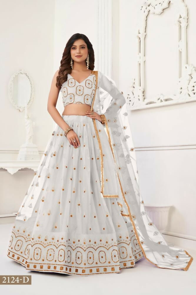 Aastha Fashion Off White Butterfly Net Tone To Tone Thread Work And Sandwich Sequence Work Embroidery Wedding Wear Lehenga Choli - Distacart