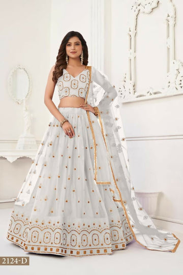Aastha Fashion Off White Butterfly Net Tone To Tone Thread Work And Sandwich Sequence Work Embroidery Wedding Wear Lehenga Choli - Distacart