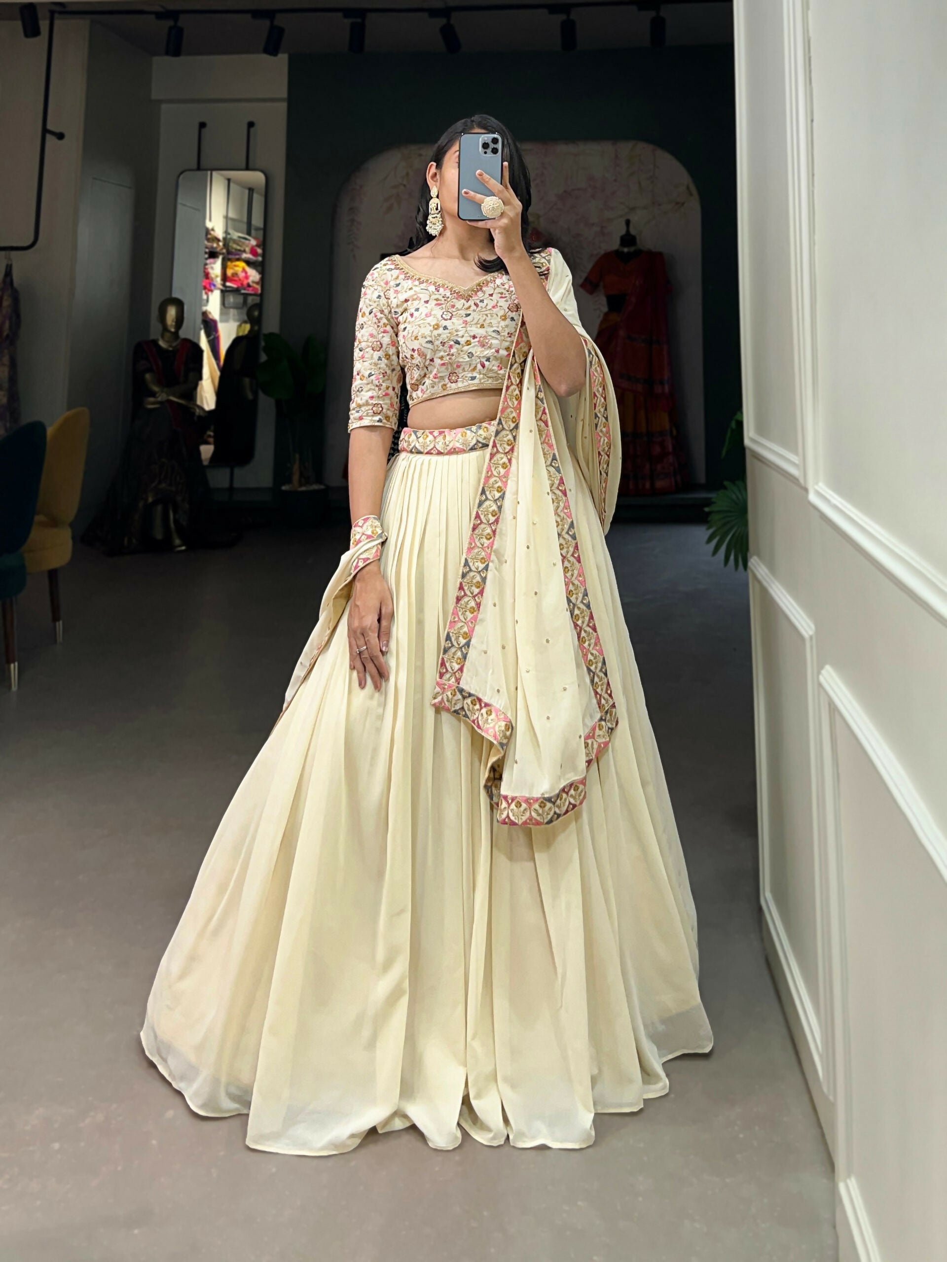 Vastranavya Exquisitely Sequins And Thread Embroidered Georgette Lehenga Choli - Off White - Distacart