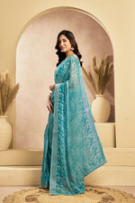 Thumbnail for Vastranavya Sky Blue Digital Printed Linen Ready To Wear Designer Saree with Unstitched Blouse - Distacart