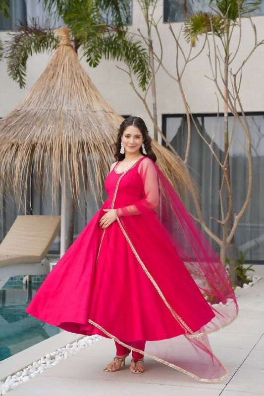Preksha Creation Rani Pink Wedding Special Women Pure Roman Silk Chanderi Fabric Anarkali Gown With Dupatta And Pant