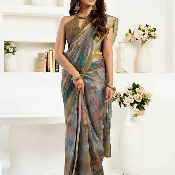 Joban Fashion Dusty Green Floral & Ethnic Motifs Linen Ready To Wear Saree With Unstitched Blouse - Distacart
