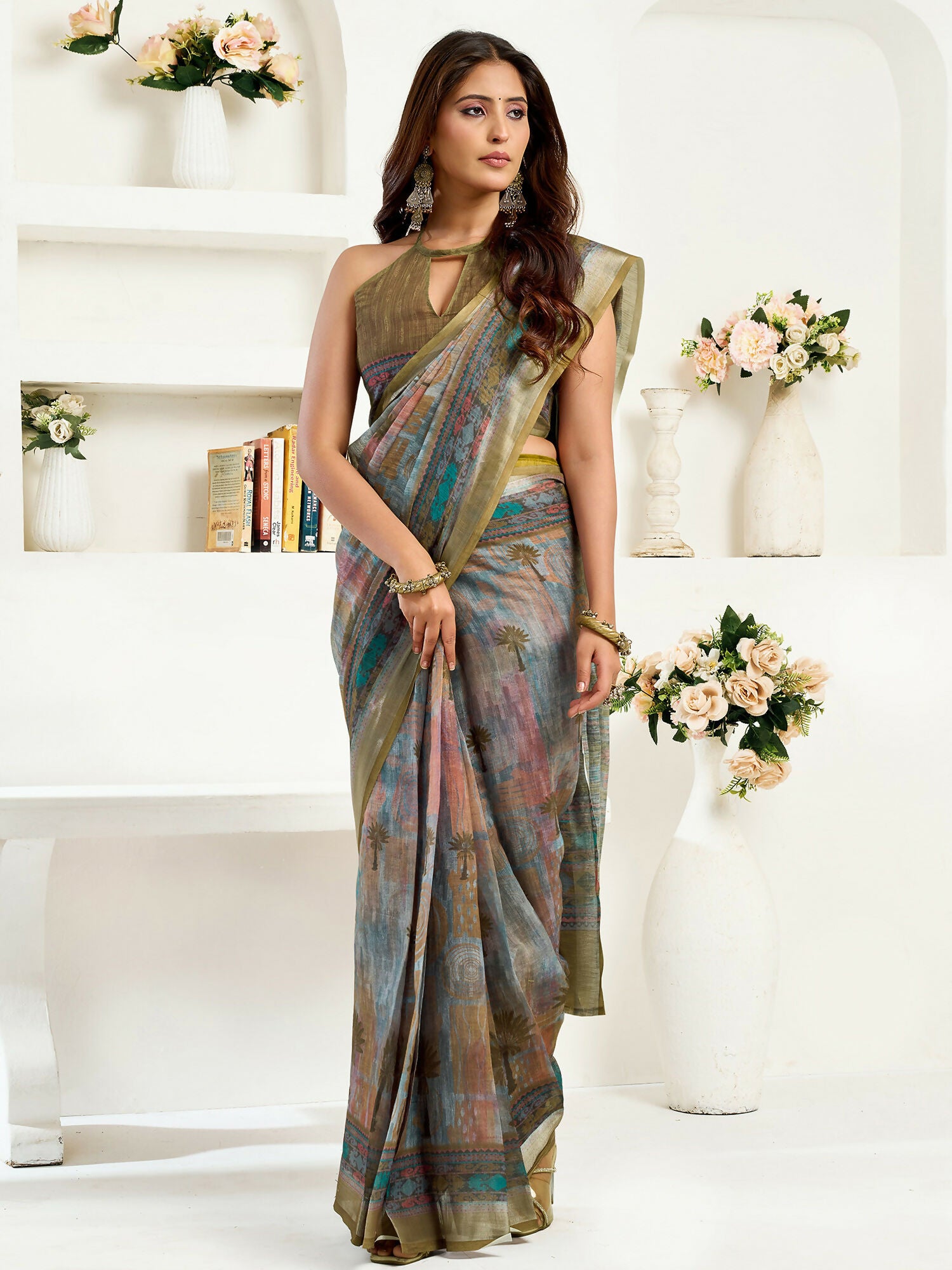 Joban Fashion Dusty Green Floral & Ethnic Motifs Linen Ready To Wear Saree With Unstitched Blouse
