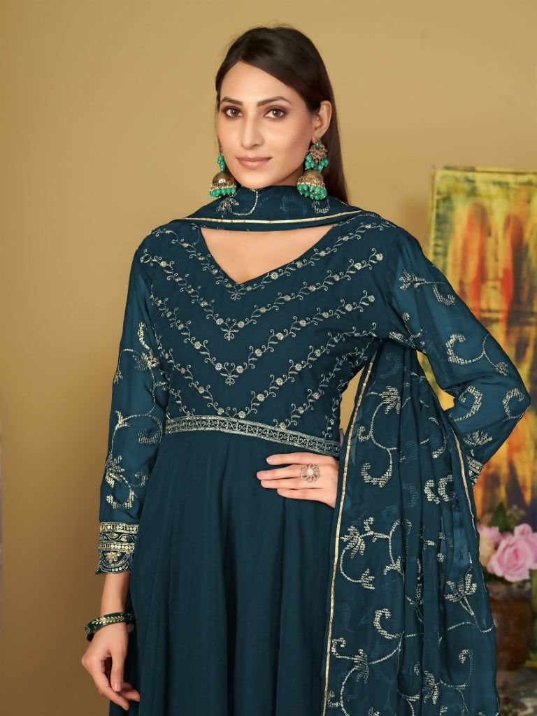 Jyoti Fashion Women's Teal Georgette Embroidered Anarkali Kurta Pant Set With Dupatta - Distacart