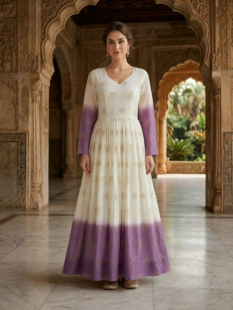 Teeya Creation Lavendar and White Gradient Anarkali Gown with Gold Floral Motifs - Dista