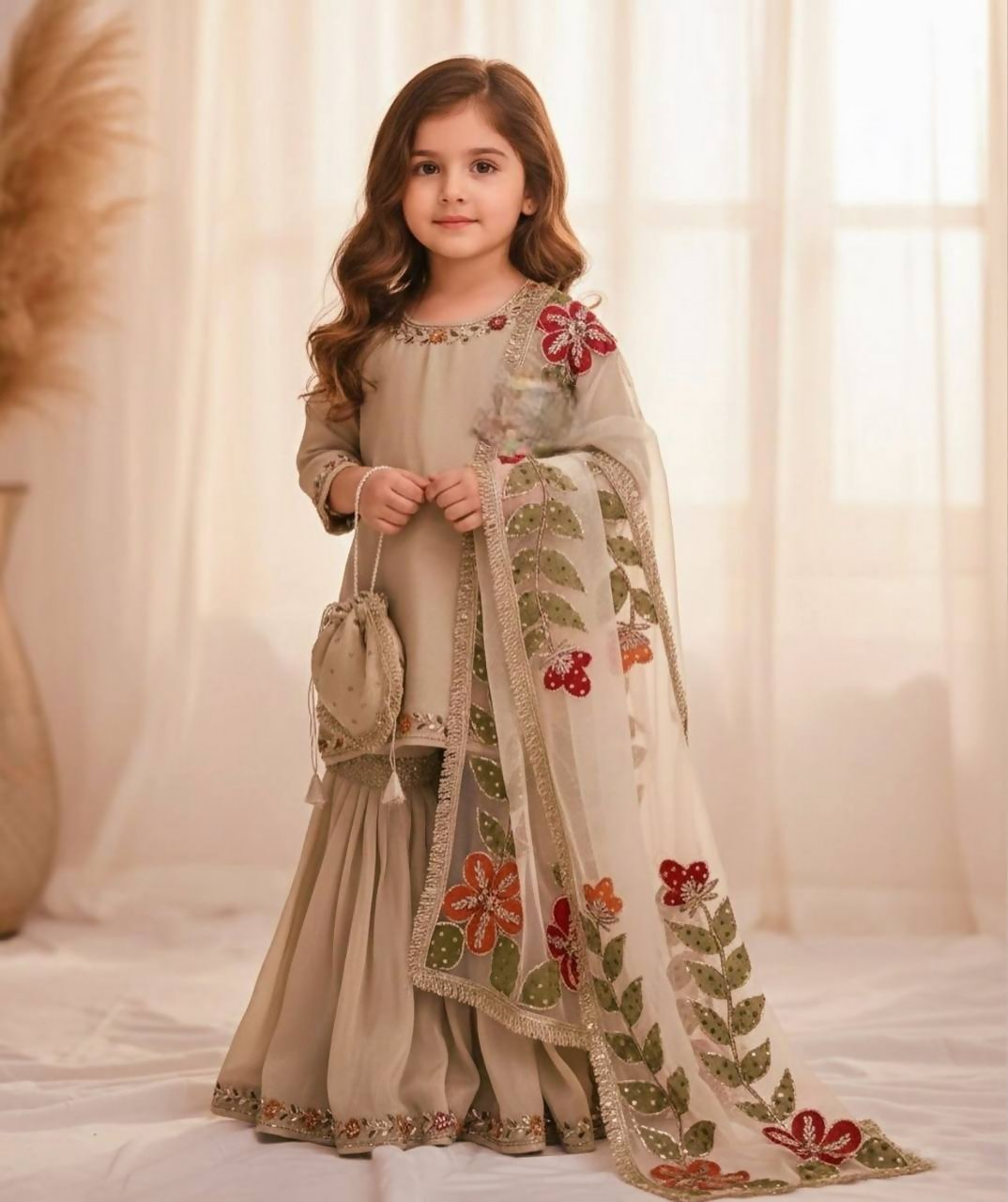 Teeya Creation New Kids Wedding Wear Heavy Embroidery Sequence Work Kurta Sharara Set-Beige - Dista