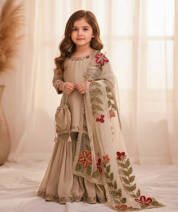 Teeya Creation New Kids Wedding Wear Heavy Embroidery Sequence Work Kurta Sharara Set-Beige - Dista