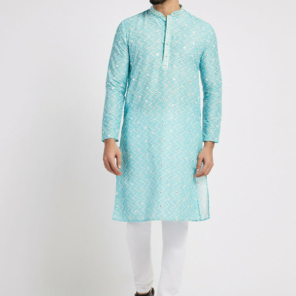 Ethnic India Blue Men's Kurta Embellished Polyester - Distacart