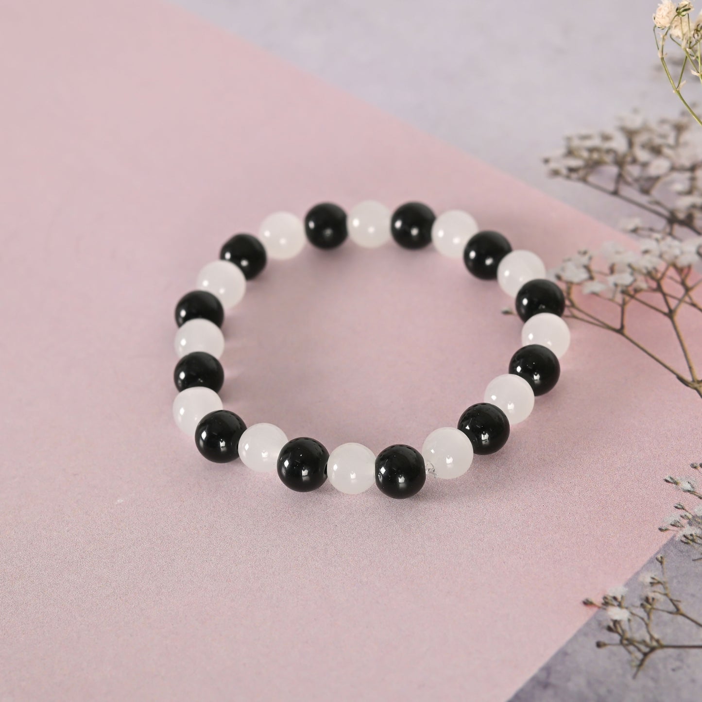 NVR Men & Women White Marble Crystal Beaded Elasticated Bracelet - Distacart