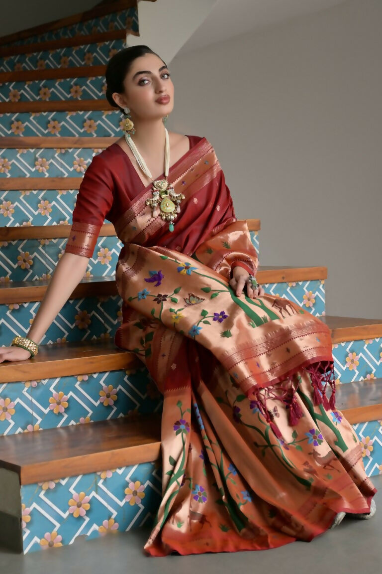Vishnu Weaves Women's Maroon Paithani Silk Zari Woven Saree with Blouse