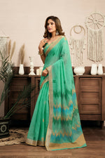 Thumbnail for Joban Fashion Teal Green Ikkat Linen Ready To Wear Saree With Unstitched Blouse - Distacart