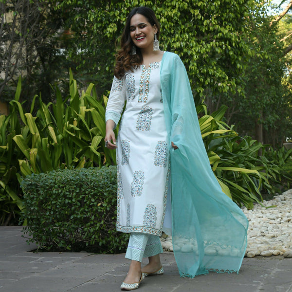 Vamika Poly Rayon Printed White & Sea Green Party Wear/Casual Wear/Office Wear Kurta Set/Suit - Distacart