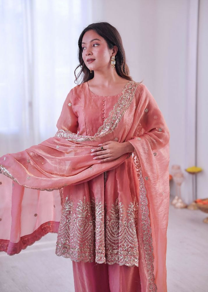 Teeya Creation Peach Color Fendy Satin Silk Embroidery Work Party Wear Salwar Suit - Distacart