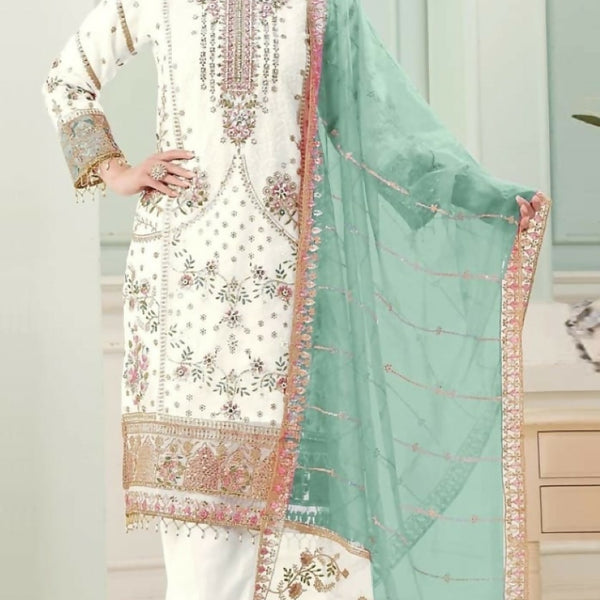 Anaita White Fox Georgette Stitched Suit with Embroidery Sequins - Distacart