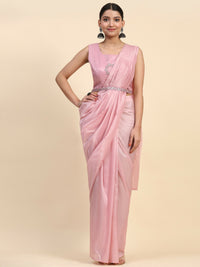 Thumbnail for Pink Satin Solid Ready to wear Saree with stitched Blouse - Vanita - Distacart