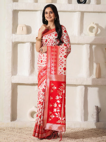 Shree Shyam Fashion Linen Cotton Red & White Saree - Distacart
