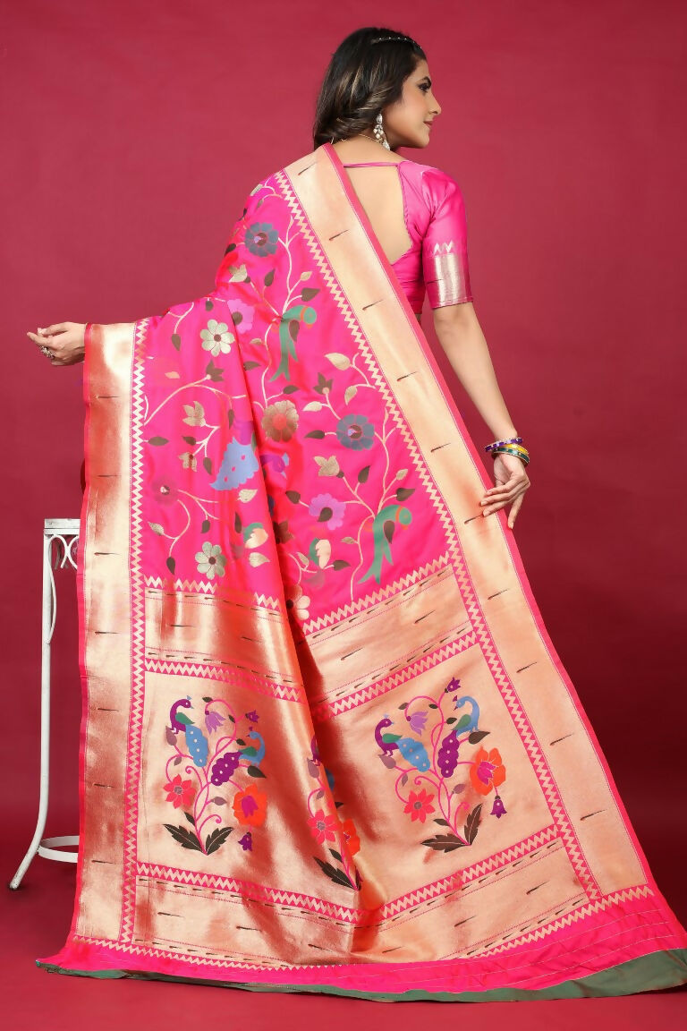 Jyoti Fashion Women's Pink Paithani Silk Zari Woven Saree with Blouse - Distacart