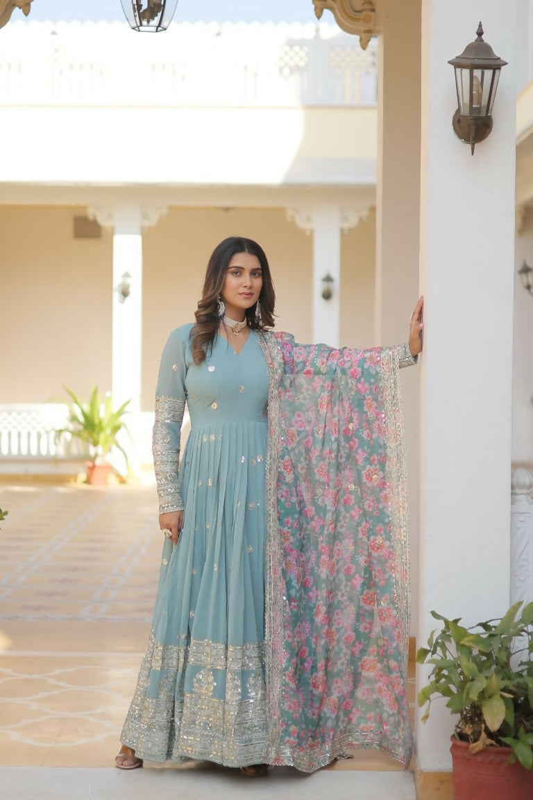 Jyoti Fashion Women's Sky Blue Faux Georgette Sequins Zari Embroideredy Anarkali Dress with Dupatta - Distacart