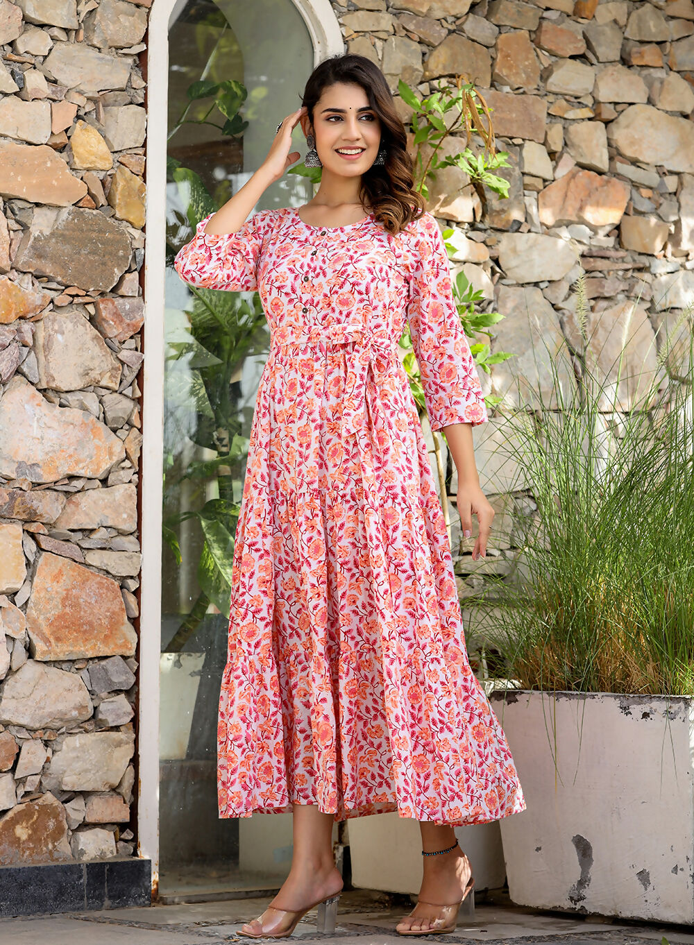 Kaajh Women's Orange Ethnic Floral Hand Block Print Cotton Dress - Distacart