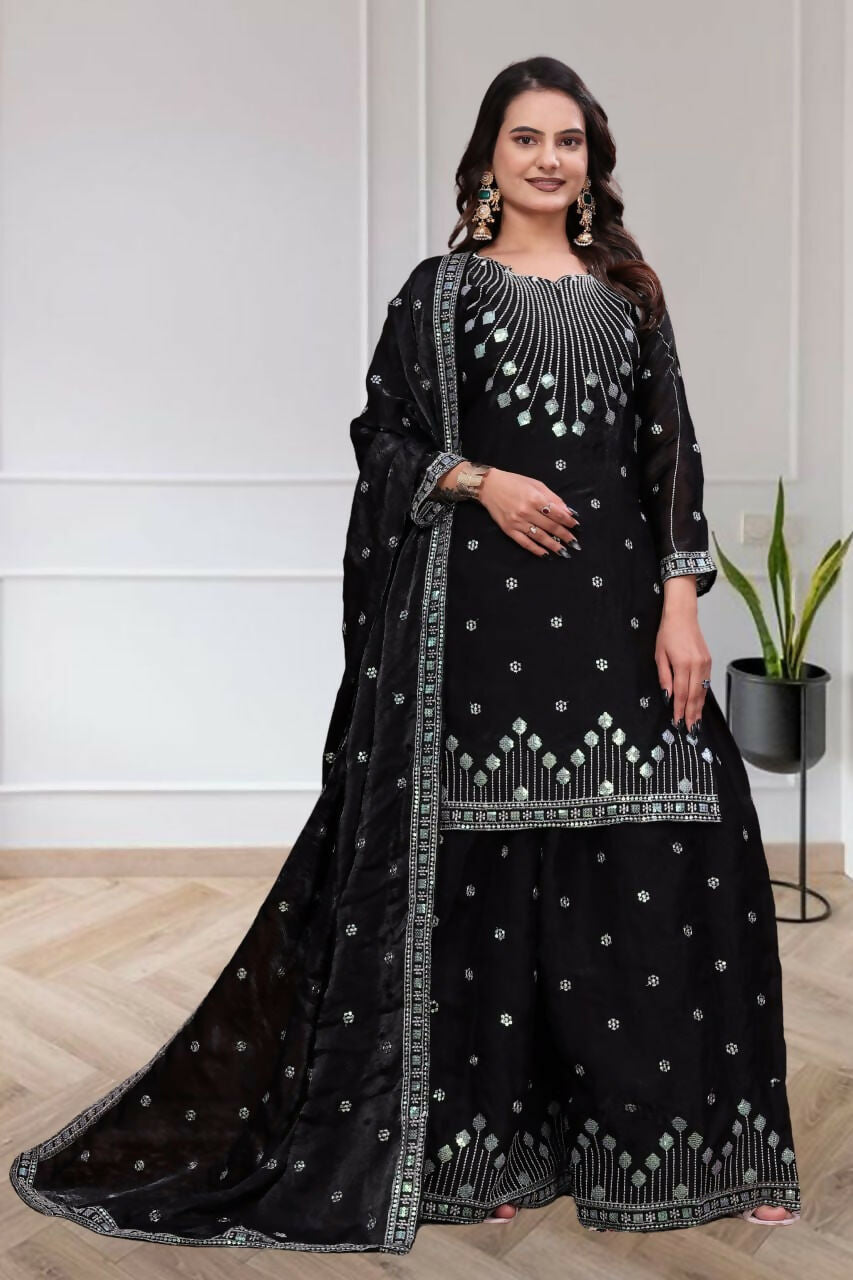Teeya Creation Womens Trendy Black Silk Blend Embroidered Kurta And Sharara Suit Set With Dupatta - Dista