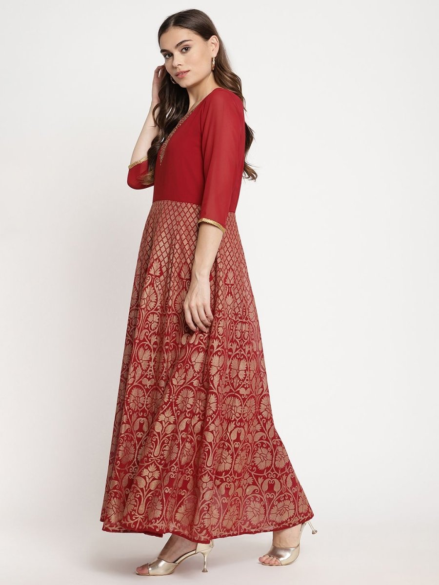 Ahalyaa Women's Maroon Georgette Gold Foil Print Flared Kurta With Dupatta
