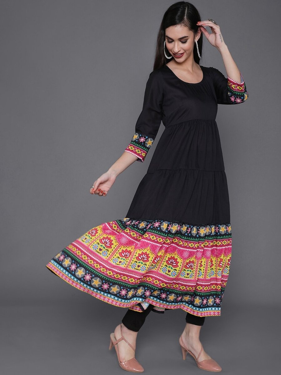 Aks Ethnic Motifs Printed Round Neck Tiered Anarkali Kurta - Distacart