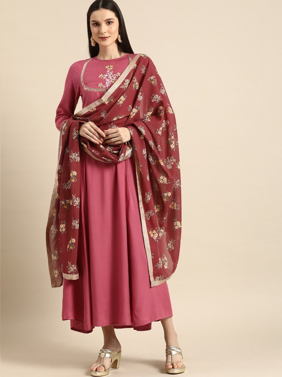 All About You Women Rust Pink Ethnic Motifs Yoke Design Thread Work Kurta with Dupatta - Distacart