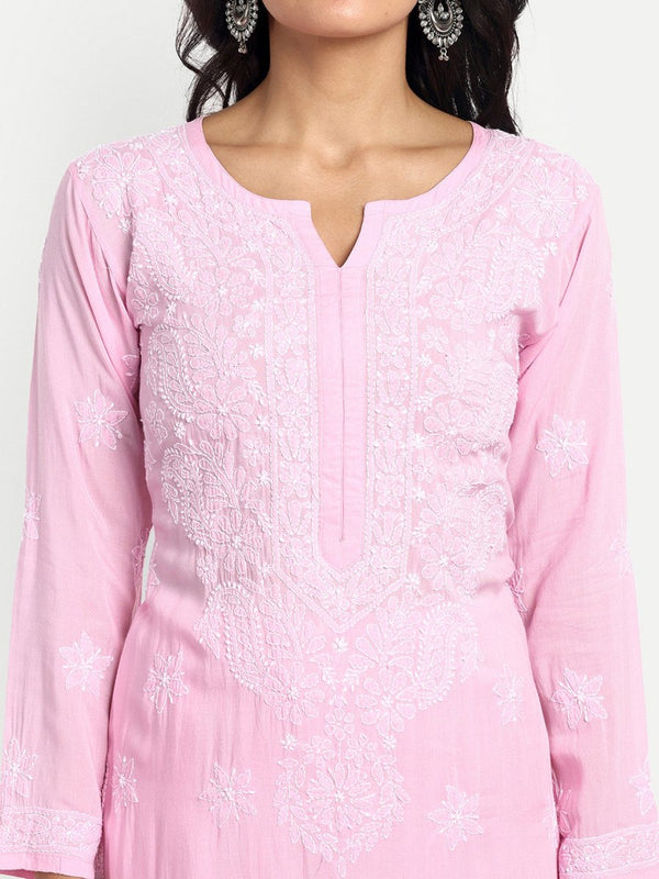 ADA Floral Embroidered Round Neck Long Sleeve Regular Chikankari Kurta With Palazzos - Distacart