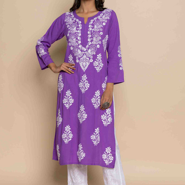 HOUSE OF KARI Floral Chikankari Embroidered Notched Round Neck Straight Kurta - Distacart