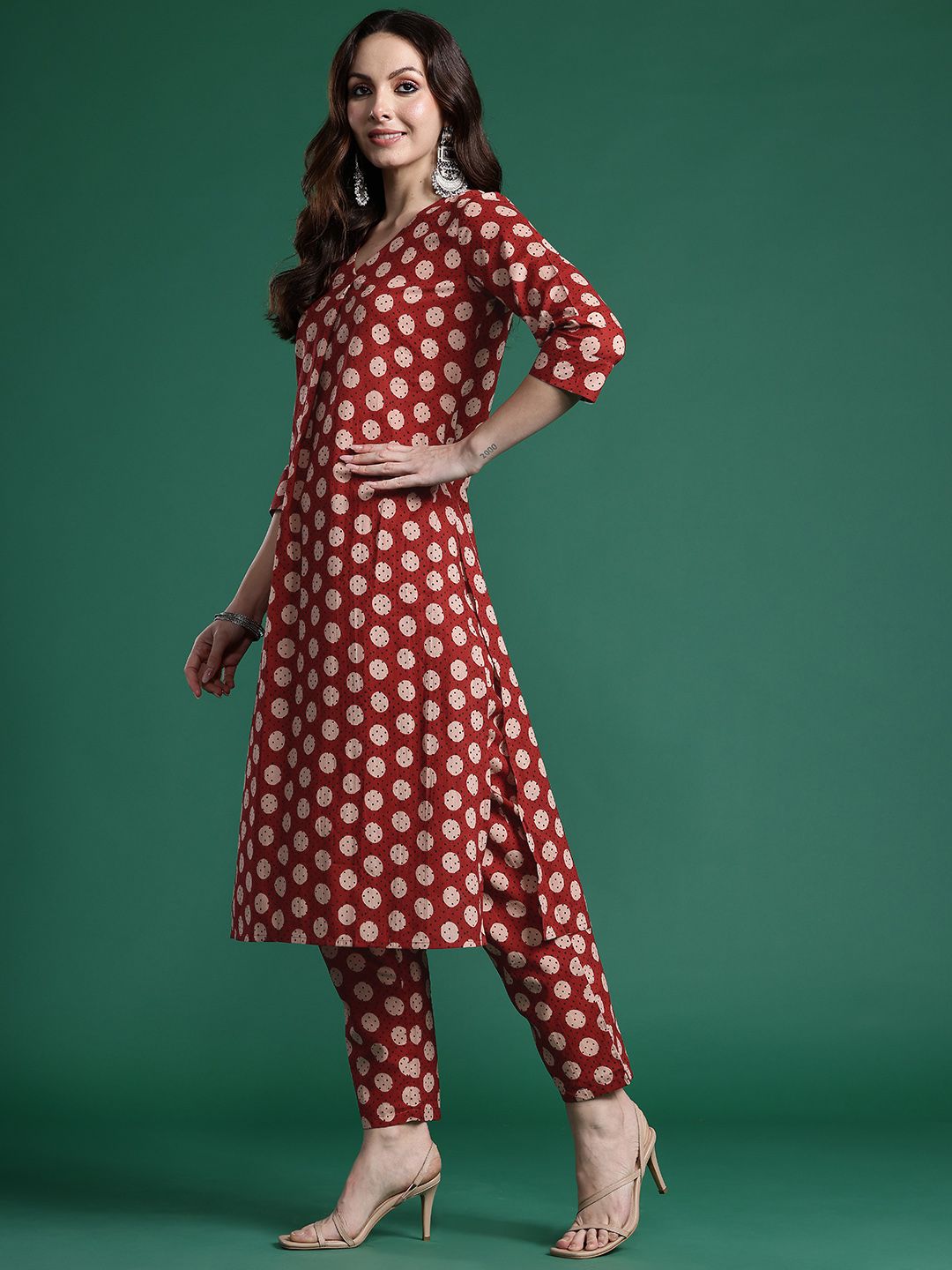 Indo Era Women Printed Pleated Pure Cotton Kurta with Trousers